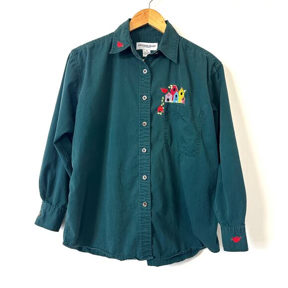 VTG 90s Embroidered Birds Button Up Shirt Birdhouse Green S Cottage Whimsical - Picture 2 of 9